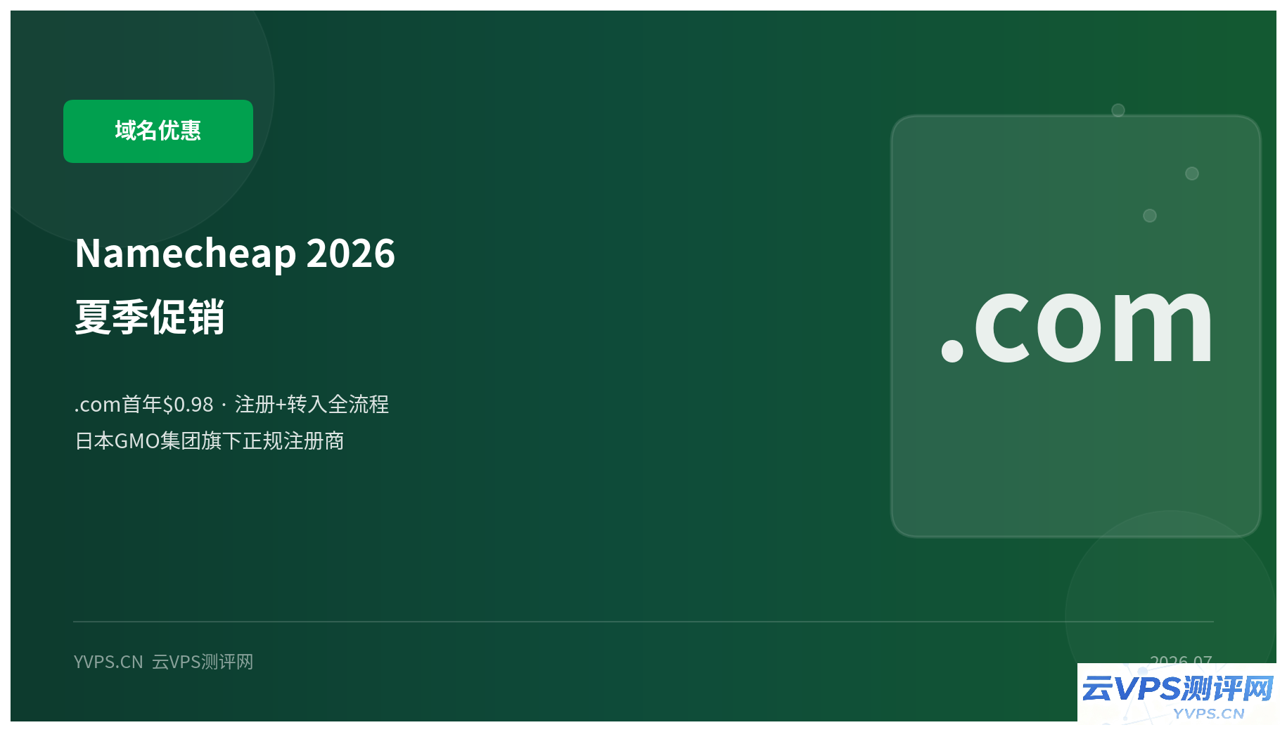 Namecheap 2026夏季促销：.com域名首年$0.98，附注册+转入全流程