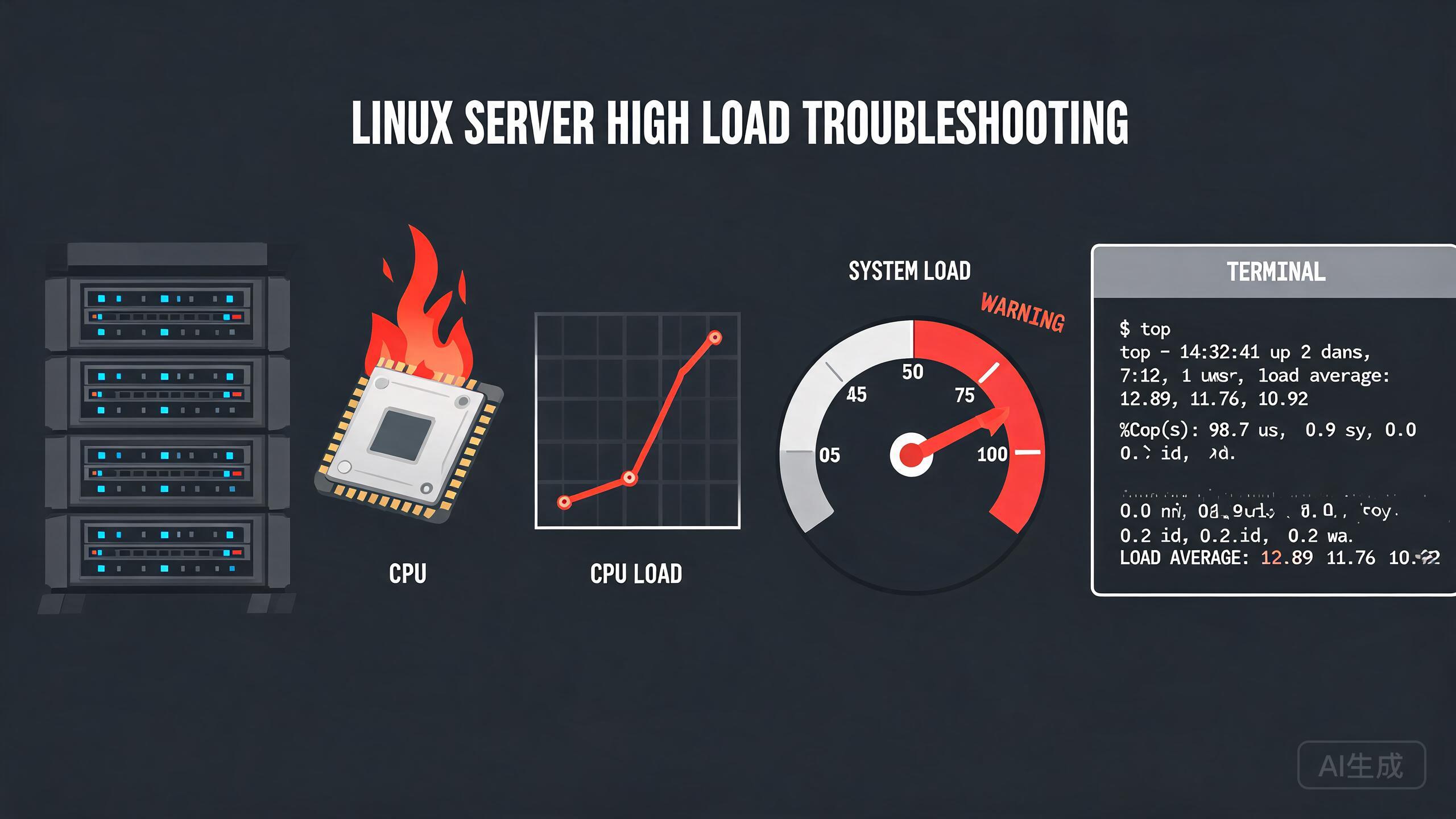 Linux 服务器负载过高排查教程：load average、top、uptime 全看懂，找到 CPU 占用元凶