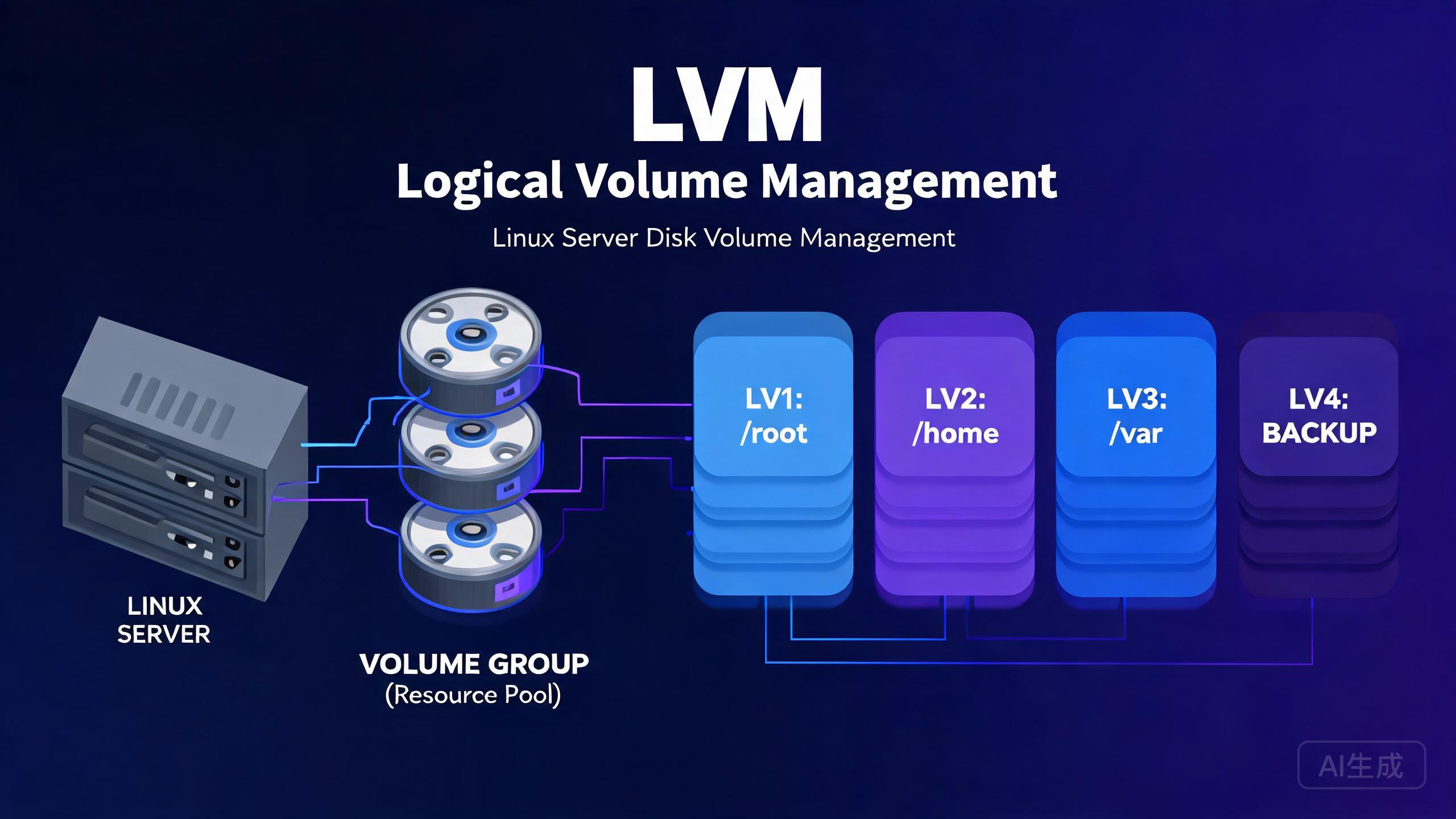 LVM 逻辑卷管理详解:PV/VG/LV 三件套、在线扩容缩容、快照与迁移实战